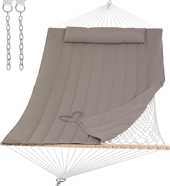 SUNCREAT Hammocks 2 Person Hammock with Hardwood Spreader Bar, Double Rope Hammock with Polyester Pad, Brown