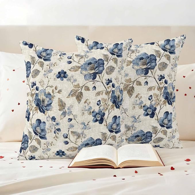 Blue Gray Waterproof Outdoor Pillow Covers 24''x24'' Set of 2, Vintage Botanical Patio Furniture Spring Florals Cushion Covers for Chairs, Decorative Farmhouse Pillow Cases for Garden/Pool/Beach