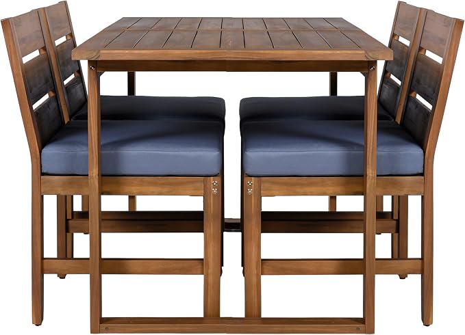 Acacia Wood Outdoor Dining Set for 4, All-Weather Patio Dining Set with Rectangle Dinning Table and 4 Chairs& Cushions for Garden Backyard Lawn (Brown+Gray c)
