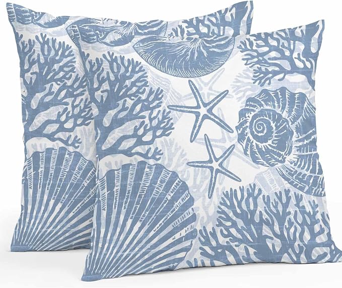 Outdoor Pillow Covers 16x16 Inch Set of 2, Lake Blue Coastal Waterproof Throw Pillow Covers, Beach Starfish Nautical Coral Shell Summer Decorative Cushion Pillowcases for Couch Sofa Bed Garden Patio