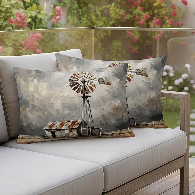 Gray Rustic Windmill Outdoor Pillow Covers 20"x12" Set of 2, Farmhouse Country Barn Oil Painting Waterproof Throw Pillow Covers for Patio Furniture, Decorative Cushion Covers for Porch