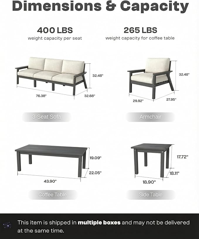 HDPE 7 Piece Patio Furniture Set, HDPE Outdoor Sectional with with Beige Thick Cushions, Coffee Table and Side Table, Patio Conversation Sets for Lawn, Garden, Porch (Grey Frame)