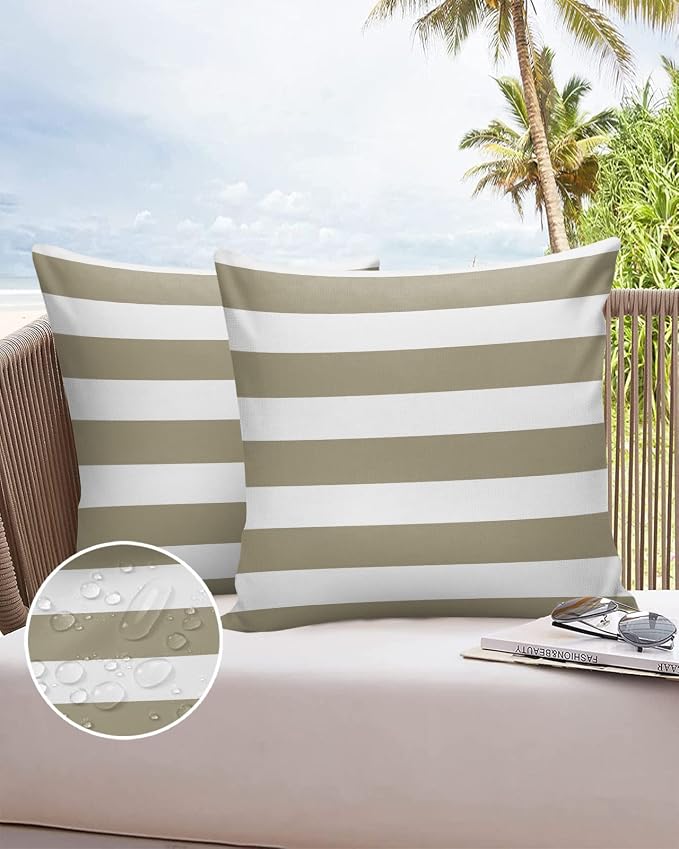 Outdoor Waterproof Throw Pillow Covers Set of 2 Brown White Stripe Pillowcases 16x16 Inches Simple Style Striped Decorative Pillows Cushion Case Patio Pillows for Couch Bed Chair Garden