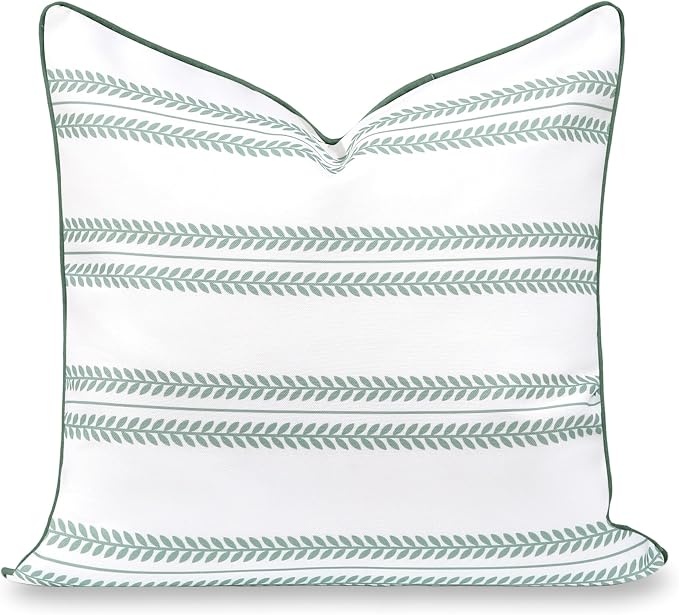 Hofdeco Premium Coastal Grandmillennial Patio Indoor Outdoor Throw Pillow Cover Only, 22"x22" Water Repellent for Backyard, Couch, Poolside, Celadon Green Print Leaf Striped