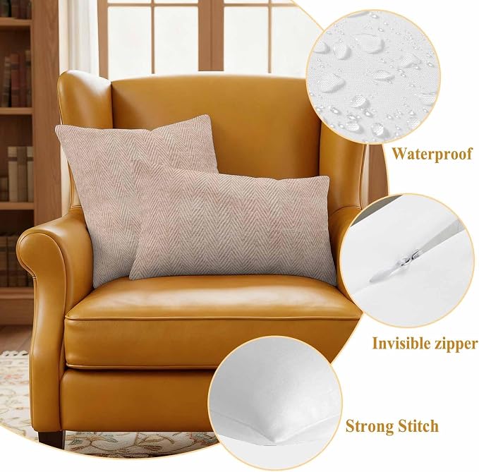 Beige Herringbone Outdoor Pillow Covers Set of 2 Modern Minimalist Woven Textured Waterproof Throw Pillow Cover Decorative Cushion Cases for Patio Porch Garden 16X16 Inch
