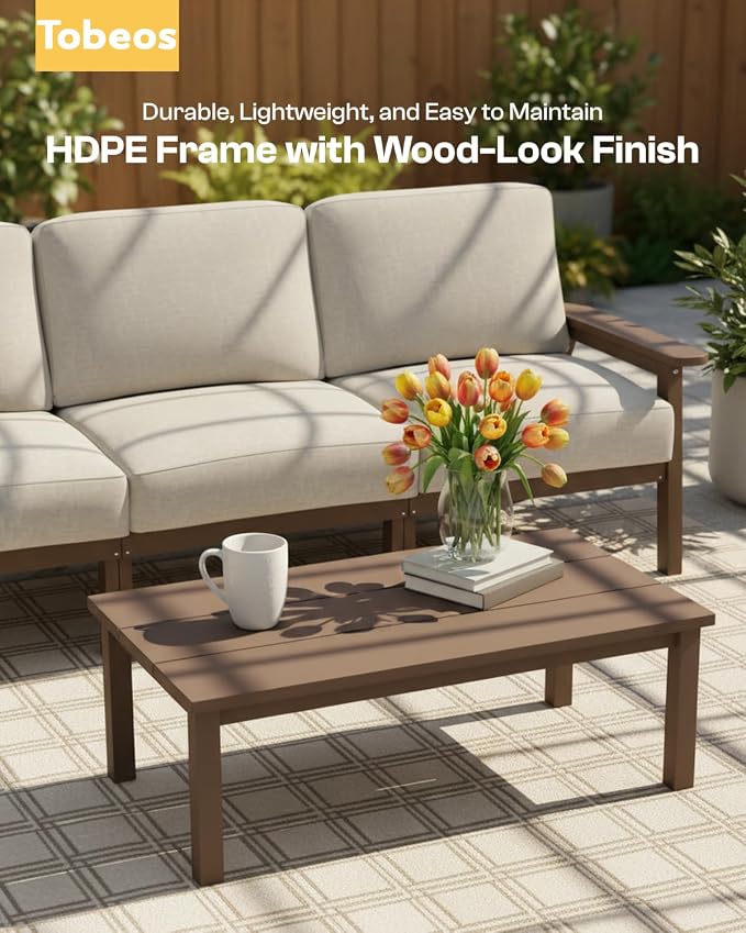 HDPE 6 Piece Patio Furniture Set, Outdoor Couch with Washable Thick Beige Cushions & Coffee Table & Side Table, Outdoor Sectional Furniture for Backyard, Deck, Lawn, Porch (Brown Frame)