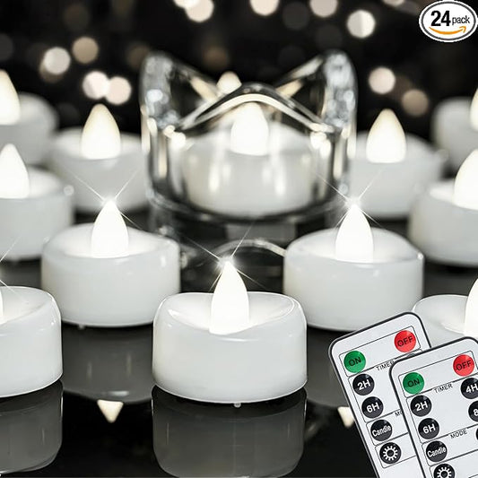 merrynights Remote Candles, 24PCS Flameless Tea Lights Candle Battery Operated with Timer, 400+Hours Remote Control LED Tea Lights Votive Candle - 1.5'' D X 1.25'' H- Pure White Light