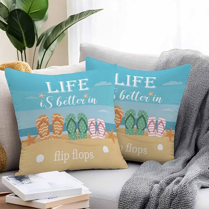 Outdoor Waterproof Pillow Covers for Patio Furniture Summer Beach Decorative Throw Pillow Cover Life Is Better in Flip Flops Pillowcases Set of 2 Cushion Case for Sofa Couch Chair Home Decor 18x18inch