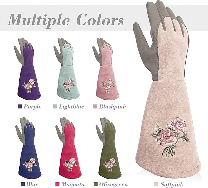Rose Pruning Gloves with Forearm Protection, Thorn Resistant | Embroidery Design with Extra Long Cuff for Gardening and Pruning Tasks