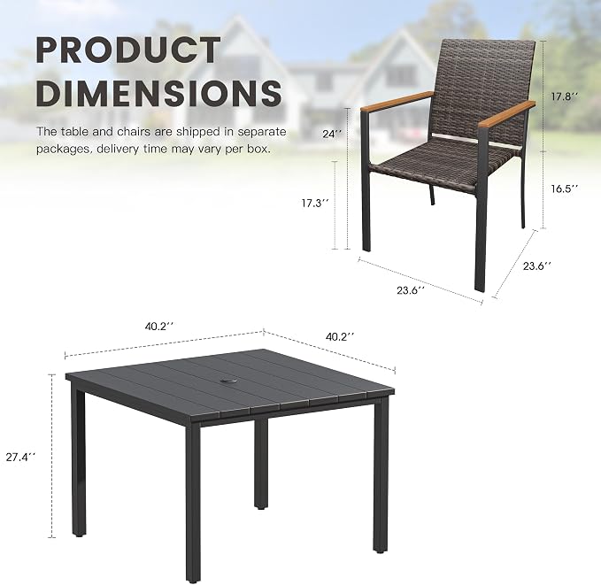 Patio Dining Set for 4, 40.2" Square Metal Table with Umbrella Hole and Stackable Wicker Patio Chairs, Outdoor Furniture Set for Deck Backyard Garden, Walnut Chairs, Black Table