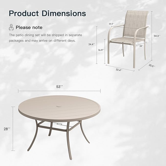 VICLLAX 9 Pieces Patio Outdoor Dining Set, 53" Round Metal Table with Umbrella Hole and 8 Stackable Textilene Chairs for Patio, Lawn, Garden, Porch, Sandshell