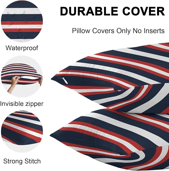Red Navy Blue Striped Outdoor Pillow Covers Waterproof, All Weather Cushion Case Set of 2, Contemporary Minimalist Aesthetic Decorative Pillowcases for Sofa Couch Bed Decor Patio Furniture 18"x18"