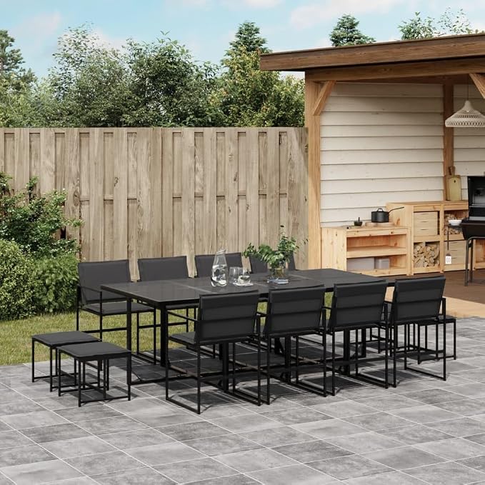 13 Piece Patio Dining Set with Cushions Black Textilene Outdoor Garden Furniture Table Seats Stackable for Backyard Al Fresco Dining Relaxing Tempered Glass Top