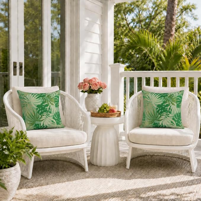 Outdoor Pillow Covers Waterproof Throw Pillow Covers, Set of 2 Jacquard Texture Water Resistant Fade Resistant Decorative Cushion Covers for Garden Patio Bench Couch Sofa, 18x18 Inch(Emerald)