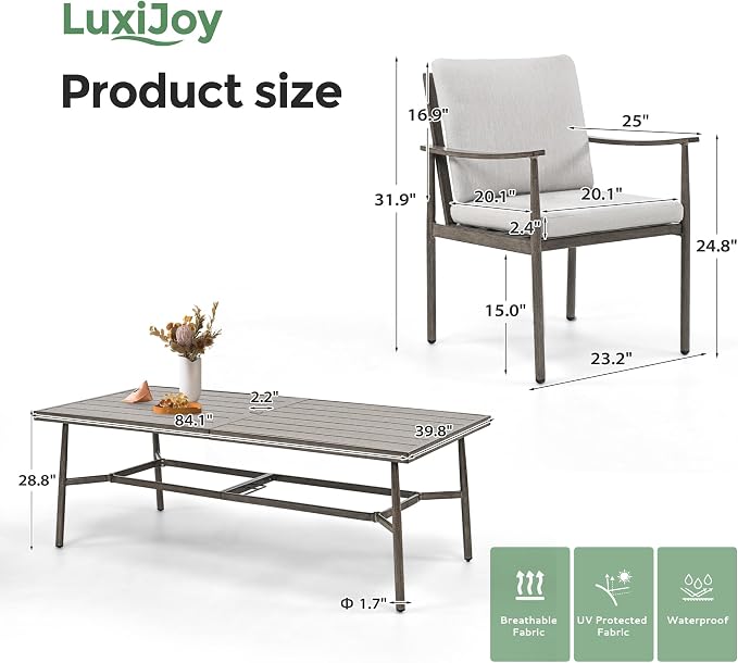 9-Piece Outdoor Dining Set for 8, Aluminum Dining Set with Cushions, 8 Dining Chairs with Rope Backrest, Large Rectangular Table with Umbrella Hole,Patio Dining Set for Porch Yard Deck,Grey