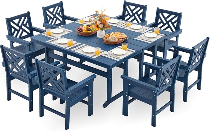 HDPE Outdoor Dining Set,10-Piece Outdoor Table and Chairs Include 8 Dining Chairs and 2 Pcs 62.5" Patio Dining Table with Umbrella Hole (Blue)