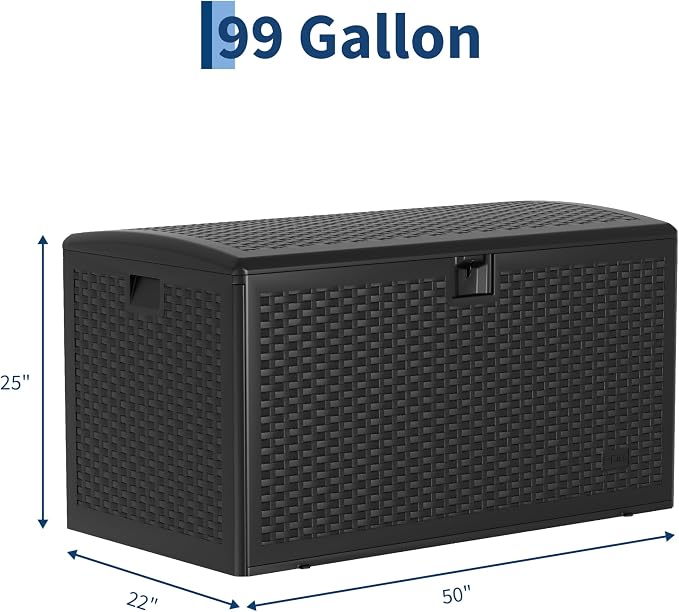 Jojoka 99 Gallon Outdoor Storage Box – Lockable Waterproof & UV-Resistant Deck Box for Patio – Large Garden Storage Bench with Lid for Tools, Cushions & Pool Accessories – Black, Webbing