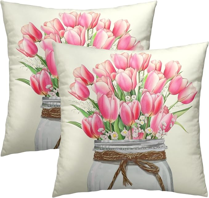 Tulip Spring Floral Pillow Covers 16x16, 2Pcs Set Pink Flowers Leaves Botanical Mason Jar Decorative Pillow Cases Soft Cotton Square Cushion Cover for Bed Sofa Farmhouse Home Decor