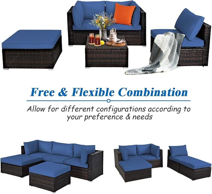 DORTALA 5 Pieces Patio Rattan Furniture Sets, Sectional Sofa Conversation Set w/Steel Frame & Sponge Cushions, Modern Wicker Combination Sofa Set w/Ottoman & Table for Garden Lawn Balcony, Navy