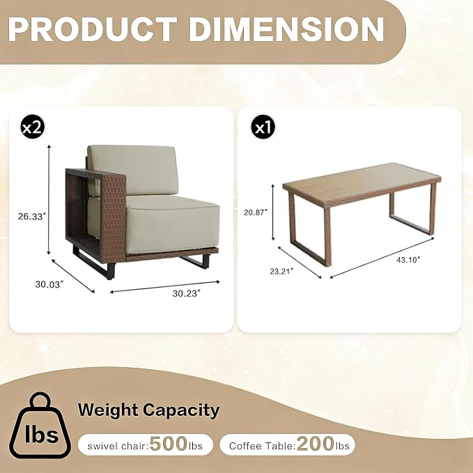 MOCHITO 3 Pieces Outdoor Patio Furniture Sets, All-Weather Sectional Sofa PE Rattan Wicker Conversation Set, Outdoor Patio sectional for Poolside, Porch, Lawn, Garden, Balcony(Beige)