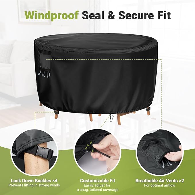 Heavy Duty Tall Round Patio Dining Table Cover, 70 Inch Waterproof Outdoor Furniture Cover for Bar Height Large Round Table and Chair Sets (Black, 70"DIAx36"H)