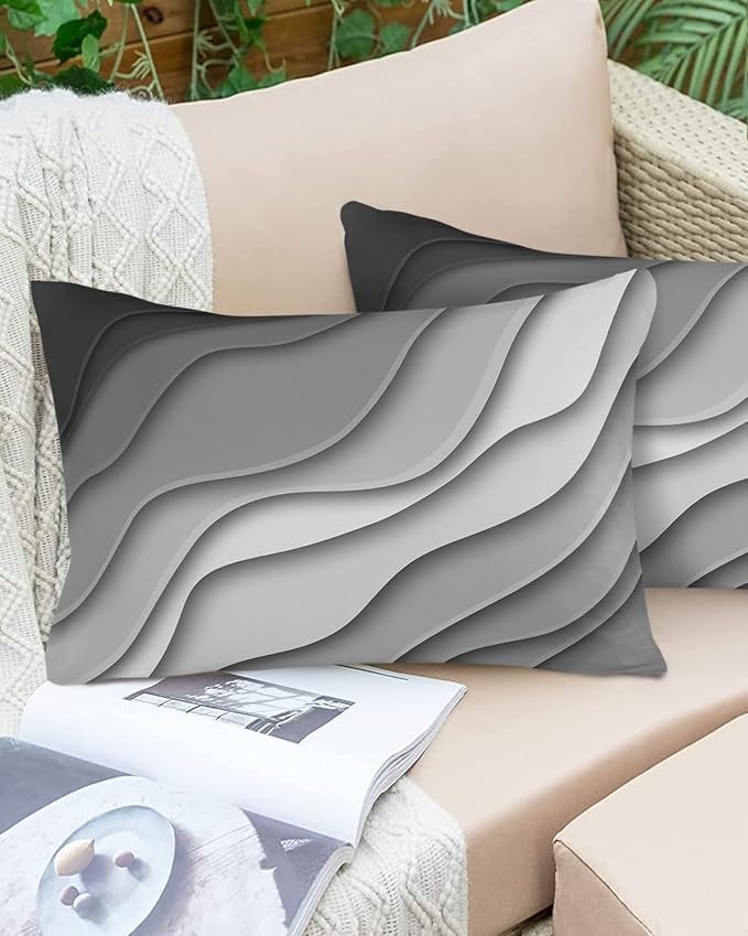 Ombre Abstract Geometry Gradient Grey White Outdoor Waterproof Throw Pillow Covers 20 x 12 Inch Set of 2, Pillowcases Decorative Square Cushion Cases for Patio Furniture Couch Porch Garden