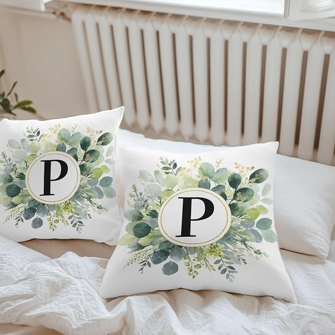 Letter P Waterproof Outdoor Pillow Covers Set of 2 Home Decor, Alphabet Green Eucalyptus Leaves Pillowcase Patio Pillow Covers for Couch Bench Patio Furniture Garden 16x16in