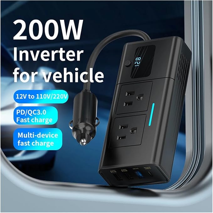 Car Converter 200W Inverter Power Converter 12V Vehicles 6 Output Ports QC 3.0 PD LCD Screen Universal