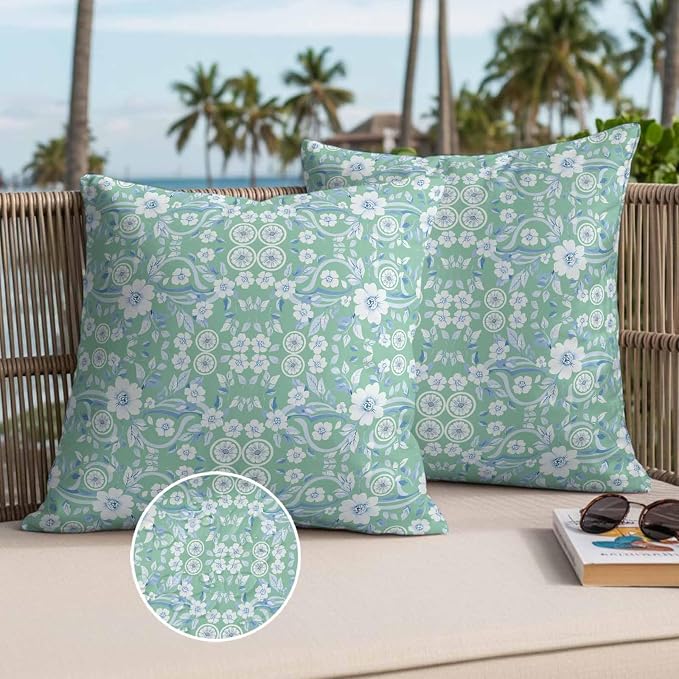 Light Green Blue Floral Waterproof Outdoor Pillow Covers Set of 2 Home Decor, Vintage Pastoral Botanical Pillowcase Patio Pillow Covers for Couch Bench Furniture Garden 20x20in