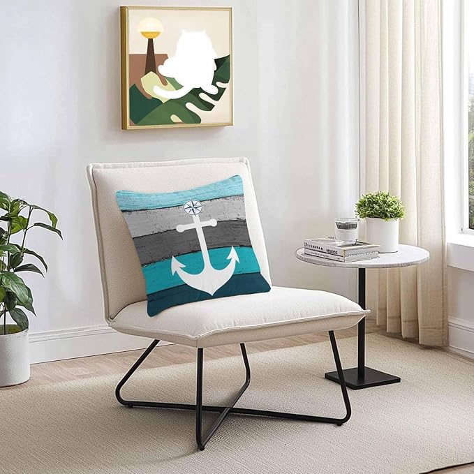 Outdoor Waterproof Throw Pillow Cover White Compass Anchor Nautical Theme Decorative Pillows Cushion Covers Teal Grey Wooden Plank 2 Pack Pillow Cases for Patio Garden Balcony Couch Sofa 16x16In