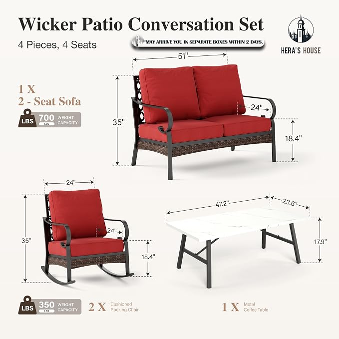 HERA'S HOUSE 4 Piece Metal Patio Furniture Set, 2 x Rocking Cushioned Chair, 2-Seat Lover Sofa with Coffee Table, All Weather Outdoor Conversation Set for Lawn Garden Backyard Deck, Red