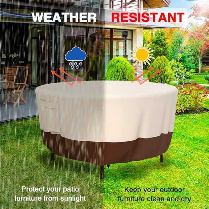 Tuyeho Round Patio Furniture Cover, Durable Oxford Fabric for Outdoor Round Table, Waterproof, UV & Rip Resistant Patio Table and Chairs Set Cover, 72"DIA x 28"H Beige & Brown