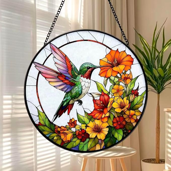 Stained Glass Window Hanging - Hummingbirds are Collecting Nectar 7.8 Inches Suncatcher for Garden Home Decor for Women Mon Grandma Friends