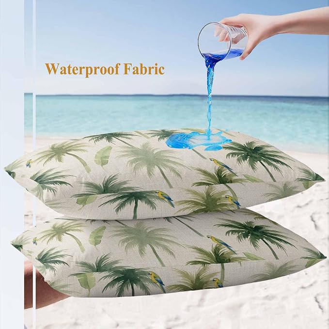 Yukro Summer Palm Tree Parrot Outdoor Waterproof Pillow Covers Pack of 2, Tropical Green Leaf Bird Retro Throw Pillowcases Decorative Cushion Covers for Garden Patio Tent Sofa Couch, 20x12 inch