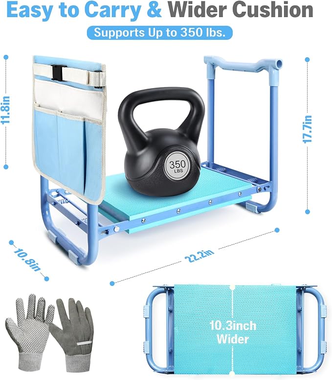 Garden Kneeler and Seat Heavy Duty, Foldable Gardening Stool Bench | With Widened Thick Soft Kneeling Pad & Tool Pouches - 2-in-1 Portable Kneeler and Stool for Seniors (BLUE)