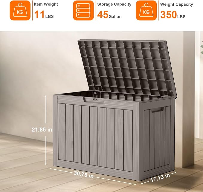 Vixzen 45 Gallon Waterproof Large Deck Box, Lockable Resin Outdoor Storage Box with Hydraulic Lid, Durable Storage Bin for Patio Furniture Cushions, Garden Tools, Pool Accessories, Grey