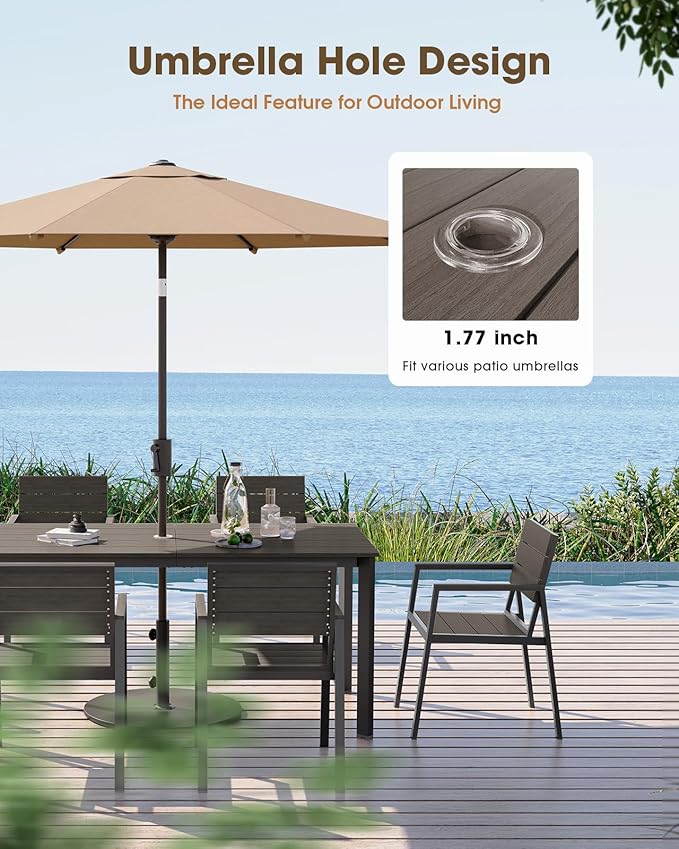 Outdoor Dining Table, Aluminum Patio HDPS Outdooor Table with Umbrella Hole, All Weather Patio Furniture Set, Patio Dining Table (Charcoal)