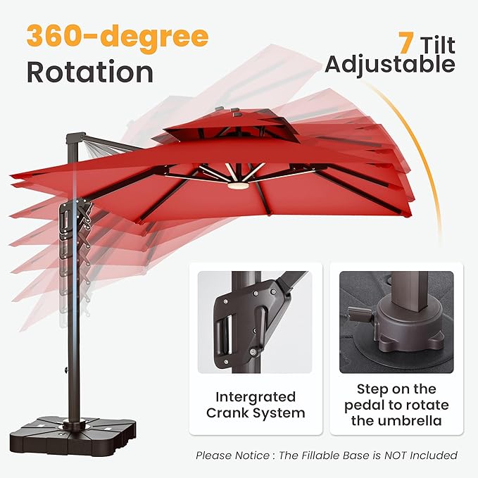 9x12 FT Cantilever Patio Umbrella with Base and Led Lights Double Top Outdoor Rectangular Large Heavy Duty Aluminum Offset Umbrellas with 7 Level Tilt 360-degree Rotation for Pool Garden Deck, Wine Red