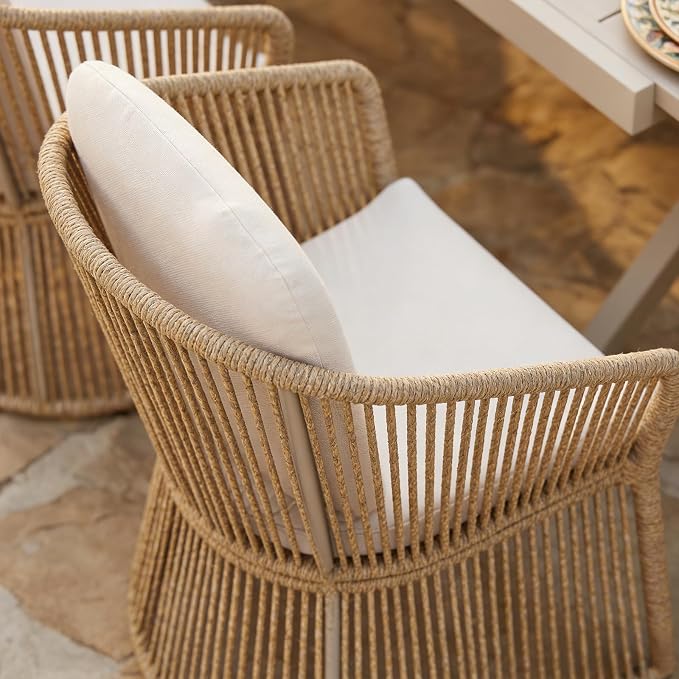 SUNSITT 9 Piece Outdoor Patio Dining Set, 65" - 107" Metal Expandable Outdoor Dining Table with X-Shape Legs, 8 Woven Wicker Outdoor Patio Chairs w/Curved Armrest for Garden, Beige