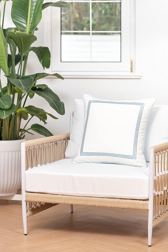 Hofdeco Premium Coastal Hampton Style Patio Indoor Outdoor Pillow Cover Only, 20"x20" Water Resistant for Backyard, Couch, Baby Blue Embroidered Square Line (Pack of 2)