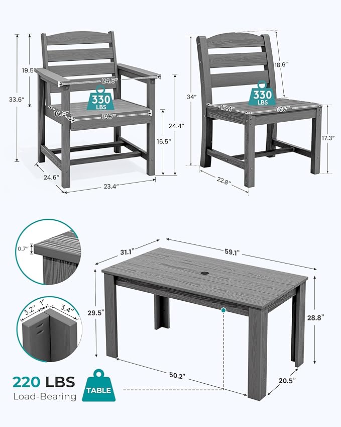 SERWALL Outdoor Dining Sets for 6, HDPE Dining Sets with 1 Umbrella Hole Cut-Out Rectangular Table and 4 Armless Chairs and 2 Armchairs, Patio Dining Sets, Gray