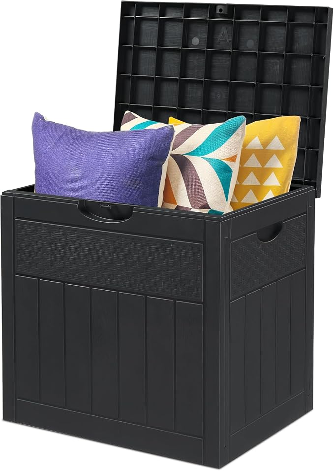 32 Gallon Square Outdoor Deck Box Wood & Rattan Plastic Garden Storage Box Store Items on Patio,Garage,Yard,Gray