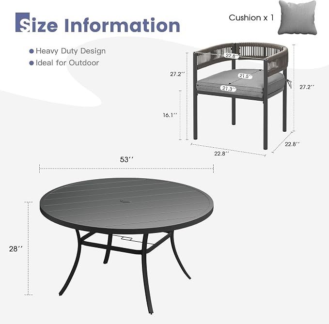 VICLLAX Patio Dining Set, 53" Black Table & 6 Chairs with Grey Cushion | Outdoor Table and Chairs Set of Round Metal Patio Table, Outdoor Dining Chairs with Metal Frame, Garden Deck Porch