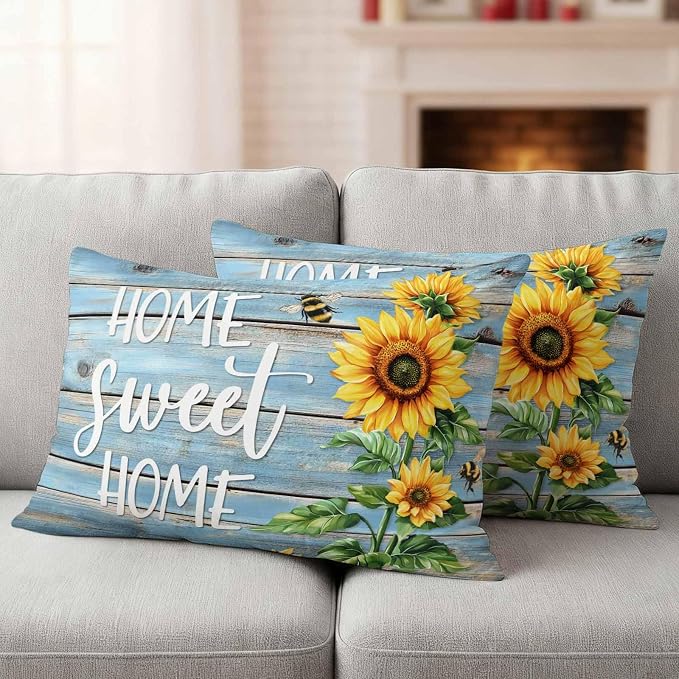 Lumbar Pillow Covers 20x12 Inch Set of 2, Spring Sunflower Waterproof Outdoor Pillow Covers, Bee Wooden Grain Country Rustic Decorative Cushion Pillowcases for Couch, Sofa, Bed, Garden, Patio