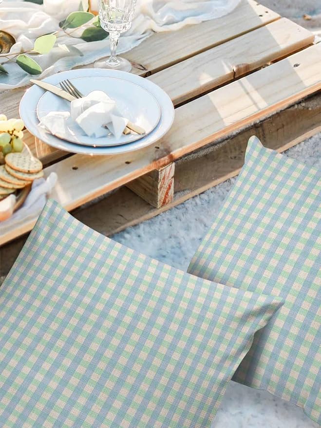 Outdoor Waterproof Throw Pillow Covers Set of 2 Buffalo Plaid Pillowcases 16x16 Inches Blue Linen Classic Checked Patio Decorative Pillows Cushion Case Patio Pillows for Couch Bed Chair Garden