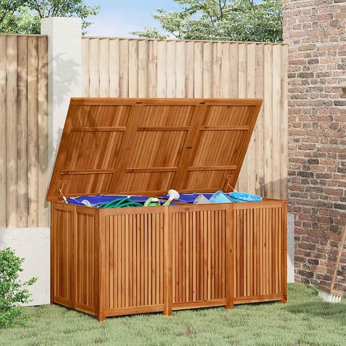 Large Outdoor Garden Storage Box, Solid Acacia Wood Deck Chest with Water-Resistant PE Liner, Decorative Patio Furniture for Cushions and Gardening Tools