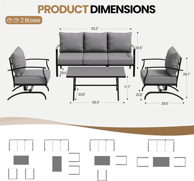 4 Piece Patio Furniture Set, Metal Outdoor Patio Furniture Set, All Weather Modern Couch Sofa with Comfortable Cushions & Coffee Table, Metal Conversation Set for Balcony, Porch, Deck (Gray)