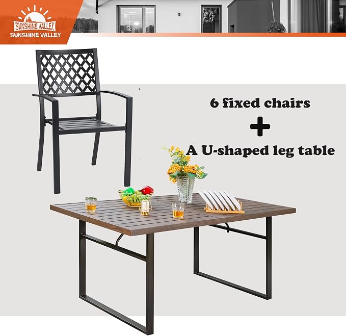 SUNSHINE VALLEY Patio Dining Set,Wood-Like Metal Table w/Umbrella Hole | 60x36 Metal Table&6 Pcs Rust-Proof Stackable Chairs, Outdoor Table and Chairs Set for Backyard Garden Deck
