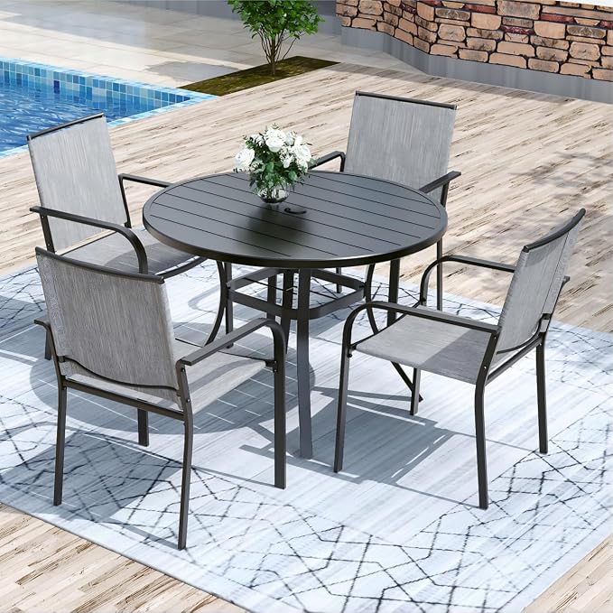 Anmutig 5 Piece Patio Dining Set 41 Inch Round Table Stackable Chairs Grey | Powder-Coated Steel Frame, Quick-Dry Textilene Mesh, Dual-Size Umbrella Hole, Weather Resistant, Patio, Garden, Backyard