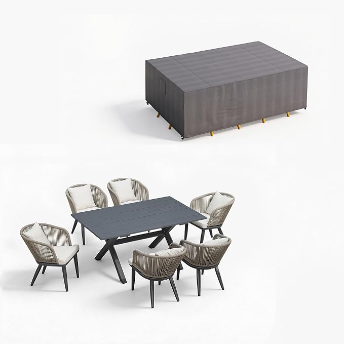 PURPLE LEAF 7 Pieces Patio Dining Set with Waterproof Furniture Cover Rectangular Table and Chairs Set for Garden Deck Aluminum Frame Backyard Kitchen Set, Cushions and Pillows Included Taupe